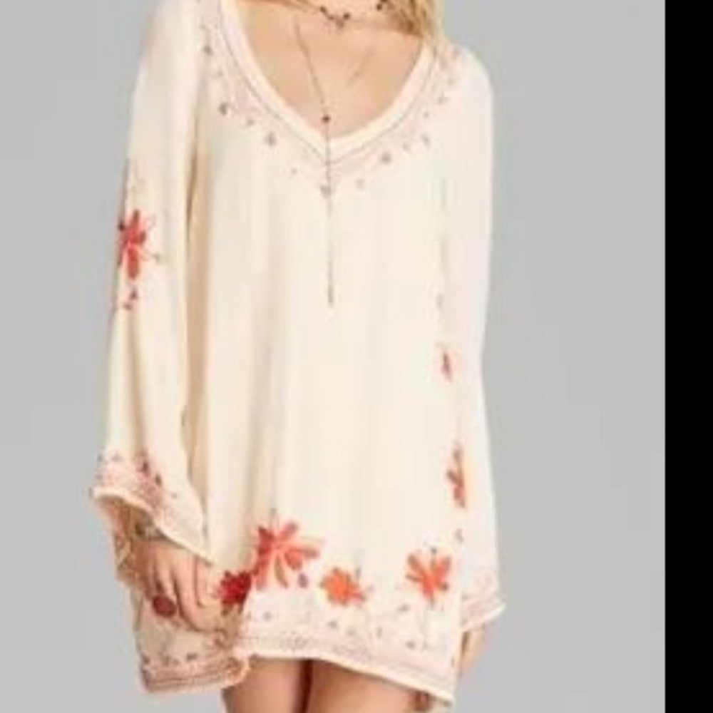 Free People Skyfall Embroidered Boho Earthy Cream Orange Mini Tunic Dress SZ M